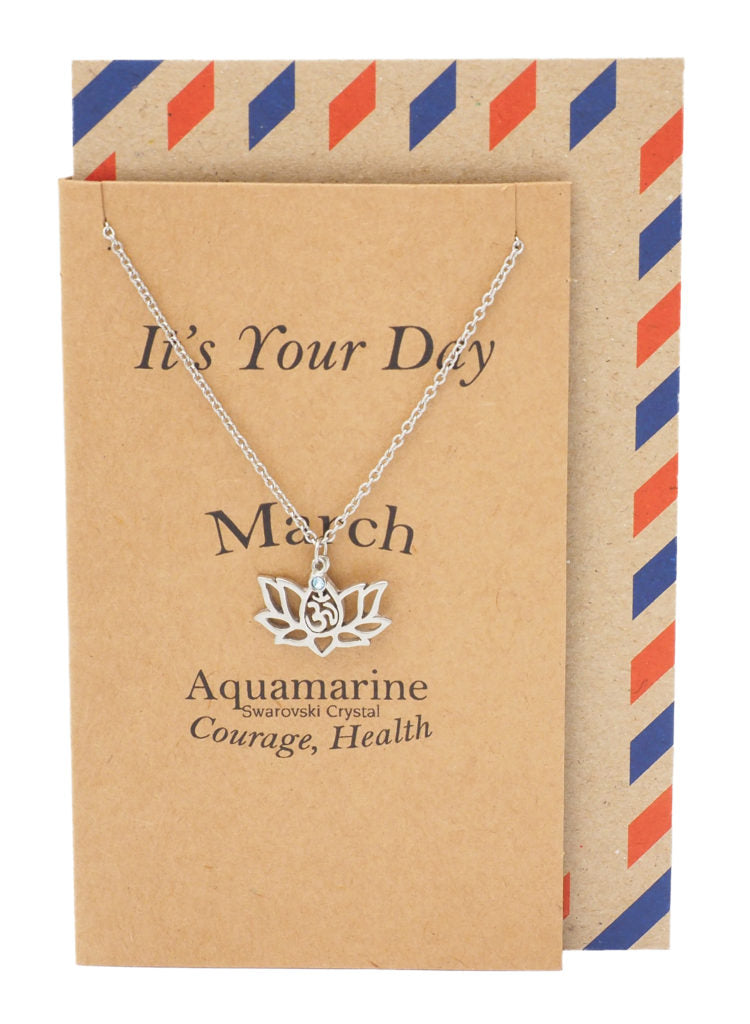 Jennifer Birthday Cards Yoga Lotus Flower March Birthstone Necklace with OM Symbol