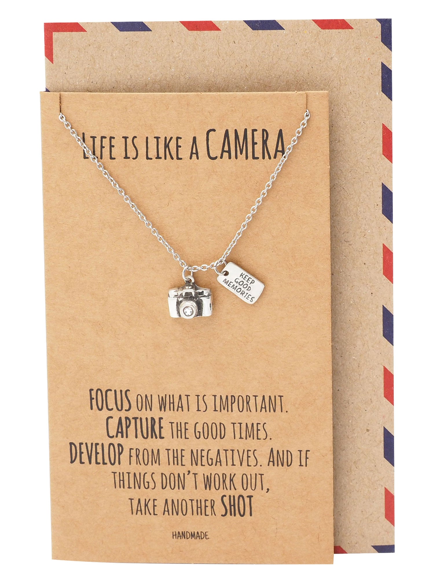 Ida Cute Camera Miniature Pendant Necklace for Women, Selfie Lovers, With Inspirational Quote Card