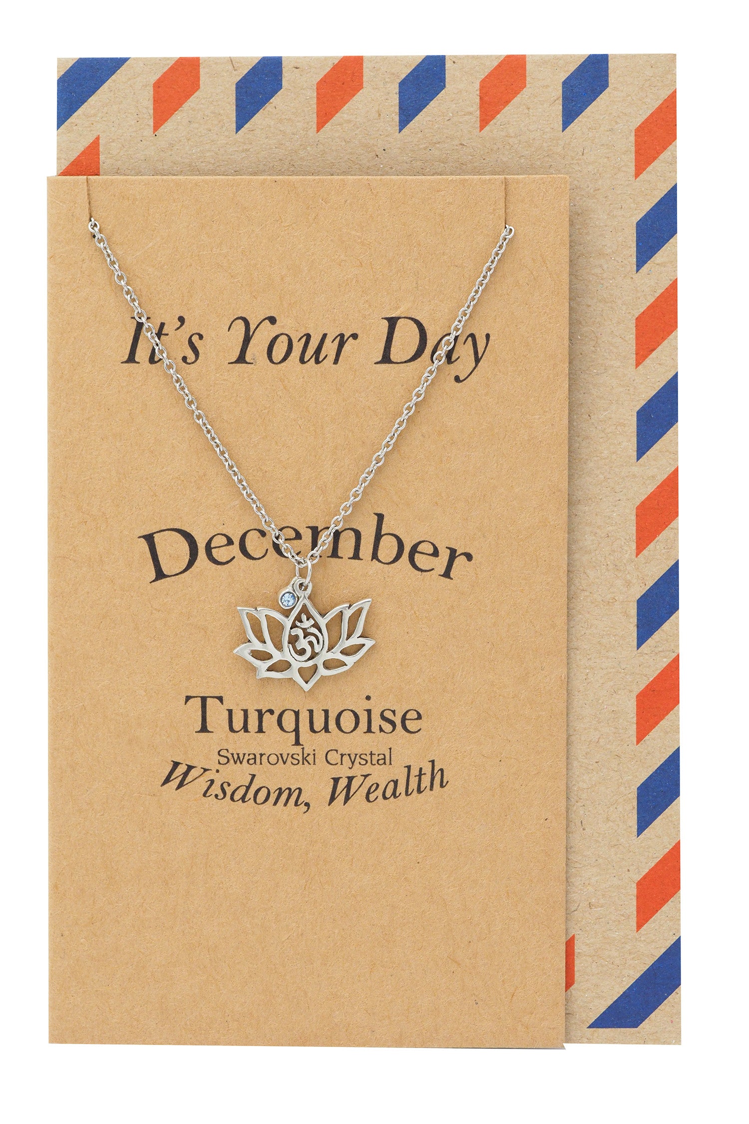 December Birthday Cards Lotus Flower Birthstone Necklace