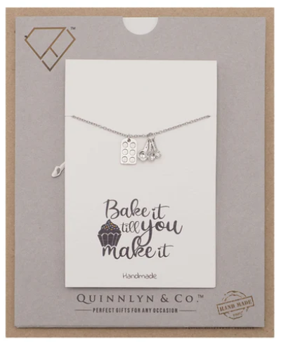 Quinnlyn & Co. Gifts for Mom Measuring Spoons Pendant Necklace, Funny Baking Pun Quote Card, Stainless Steel, 16 inches to 18 inches