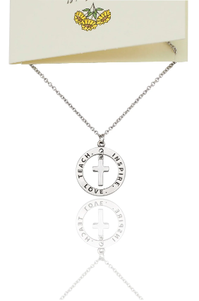 Joyfulle Damaris Circle Pendant with Cross Necklace, Religious Jewelry, Teacher Appreciation Gifts with Inspirational Greeting Card