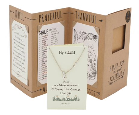 Joyfulle Elisha Child and Cross Pendant Necklace, Inspirational Gifts for Women with Motivational Greeting Card