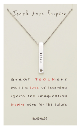 Joyfulle Zina Teach Love Inspire Bar Pendant Necklace, Handmade Teacher Appreciation Gifts for Women with Inspirational Greeting Card