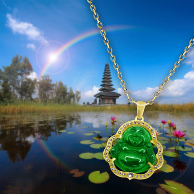 Giggle Laughing Buddha Necklace, Jade Pendant with Swarovski Crystals for Good Luck, Prosperity, and Abundance, Gift for Men and Women