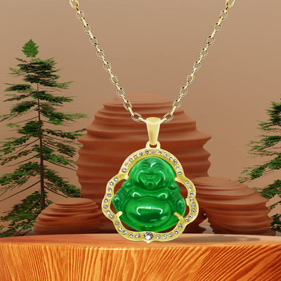 Giggle Laughing Buddha Necklace, Jade Pendant with Swarovski Crystals for Good Luck, Prosperity, and Abundance, Gift for Men and Women