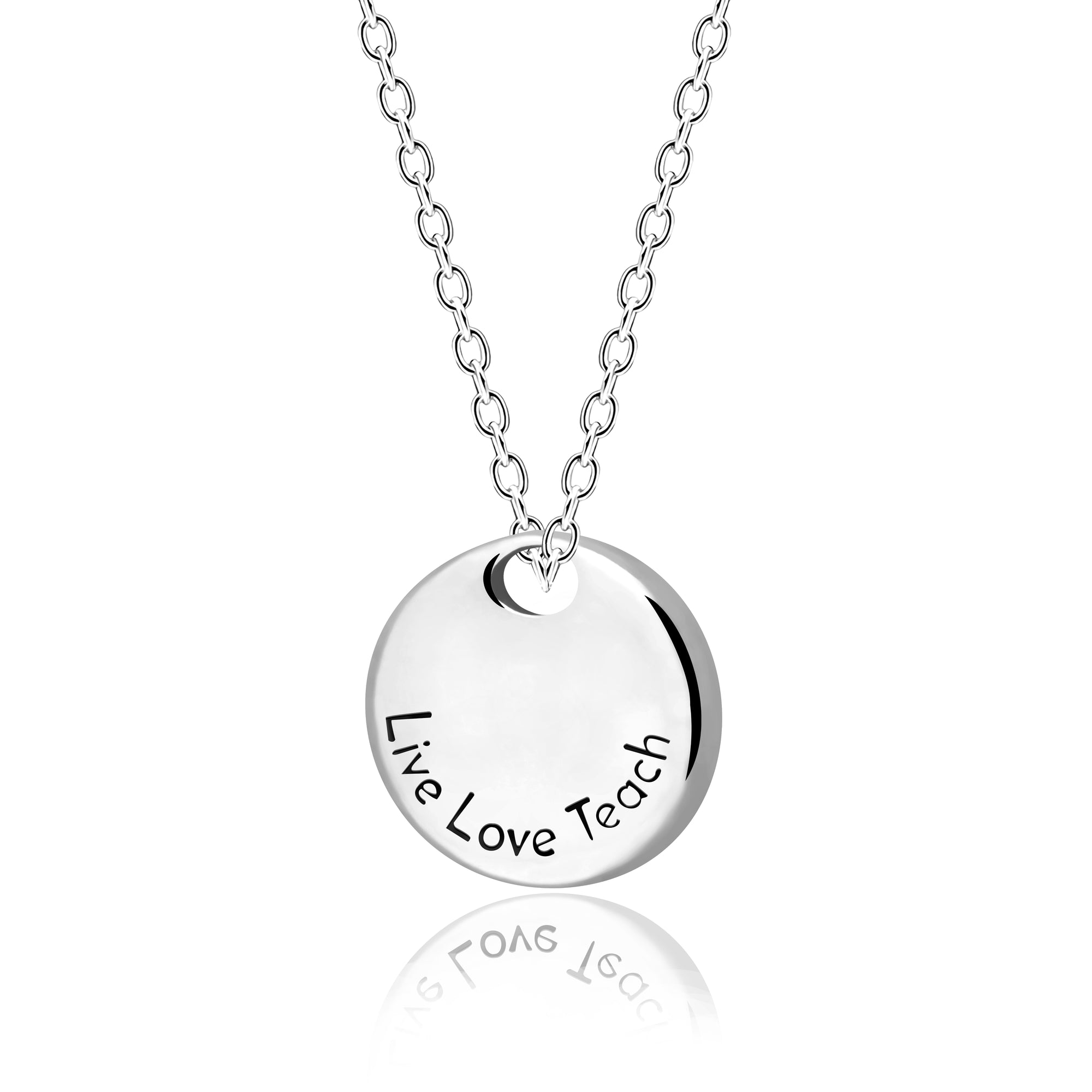 Jane Live Love Teach Round Plate Pendant Necklace, Thank you Appreciation Gift for Teacher, Mentors, With Inspirational Message Card