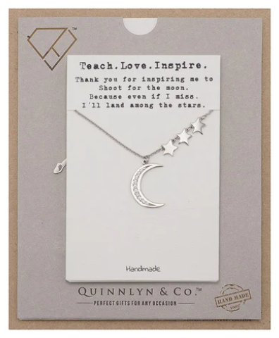 Quinnlyn & Co. 3 Stars and Crescent Moon Pendant Necklace, Teacher's Day Appreciation Gifts with Inspirational Quote on Greeting Card