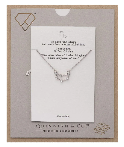 Quinnlyn & Co. Capricorn Zodiac Pattern Swarovzki Pendant Necklace, Birthday Gifts for Women, Teens and Girls with Inspirational Greeting Card