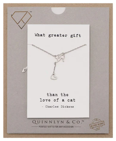 Quinnlyn & Co. Cat with Hanging Heart Pendant Necklace, Handmade Gifts for Women with Inspirational Quote on Greeting Card