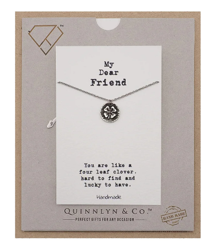 Quinnlyn & Co. Four Leaf Clover on Circle Pendant Necklace, Handmade Gifts for Women with Inspirational Quote on Greeting Card