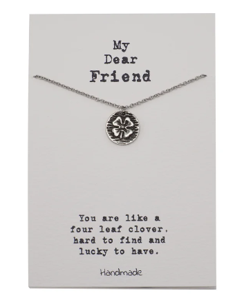 Quinnlyn & Co. Four Leaf Clover on Circle Pendant Necklace, Handmade Gifts for Women with Inspirational Quote on Greeting Card