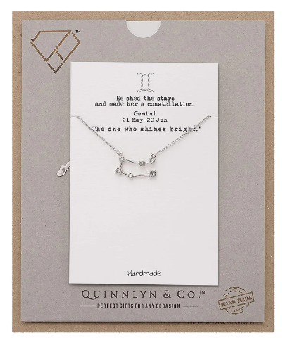 Quinnlyn & Co. Gemini Zodiac Pattern Swarovzki Pendant Necklace, Birthday Gifts for Women, Teens and Girls with Inspirational Greeting Card