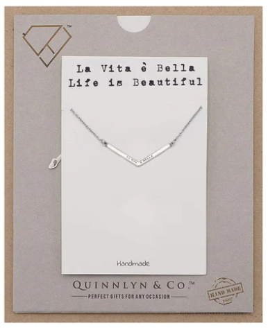 Quinnlyn & Co. La Vita e Bella Engraved Chevron Pendant Necklace, Handmade Gifts for Women with Inspirational Quote on Greeting Card