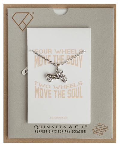 Quinnlyn & Co. Motorcycle Pendant Necklace for Women, Motivational Gifts Graduation Jewelry with Greeting Card, Silver Tone