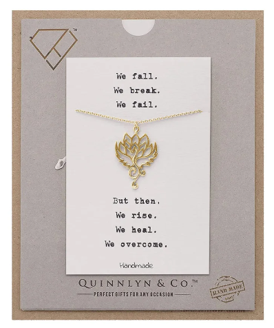 Quinnlyn & Co. Phoenix Flower Pendant Necklace in Gold Tone, Handmade Gifts for Women with Inspirational Quote on Greeting Card