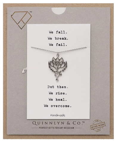 Quinnlyn & Co. Phoenix Lotus Flower Pendant Necklace, Handmade Gifts for Women with Inspirational Quote on Greeting Card