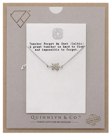 Quinnlyn & Co. Teacher Forget me Knot Teacher Pendant Necklace, Teacher's Day Appreciation Gifts with Inspirational Quote on Greeting Card