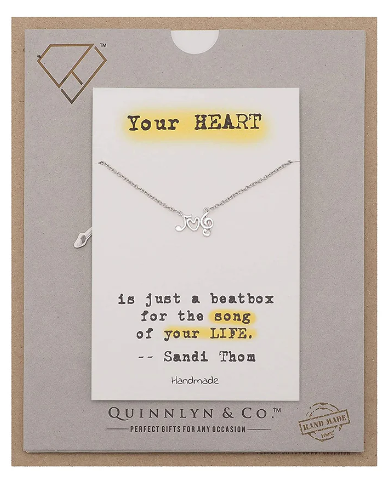 Quinnlyn & Co. Treble Note, Heart Pendant Musical Note Necklace, Gifts for Music Teacher with Inspirational Music Quote on Greeting Card, Adjustable 16" to 18" in Silver Tone