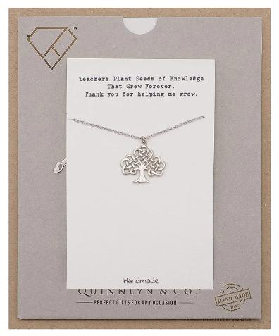 Quinnlyn & Co. Tree of Life Pendant Necklace, Teacher's Day Appreciation Gifts with Inspirational Quote on Greeting Card