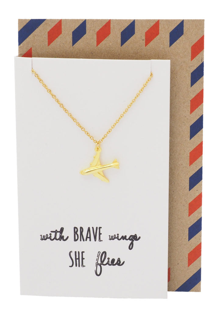 Quan Jewelry She's Brave Airplane Pendant Necklace, with Inspirational Quote, Rose Gold Tone, Silver