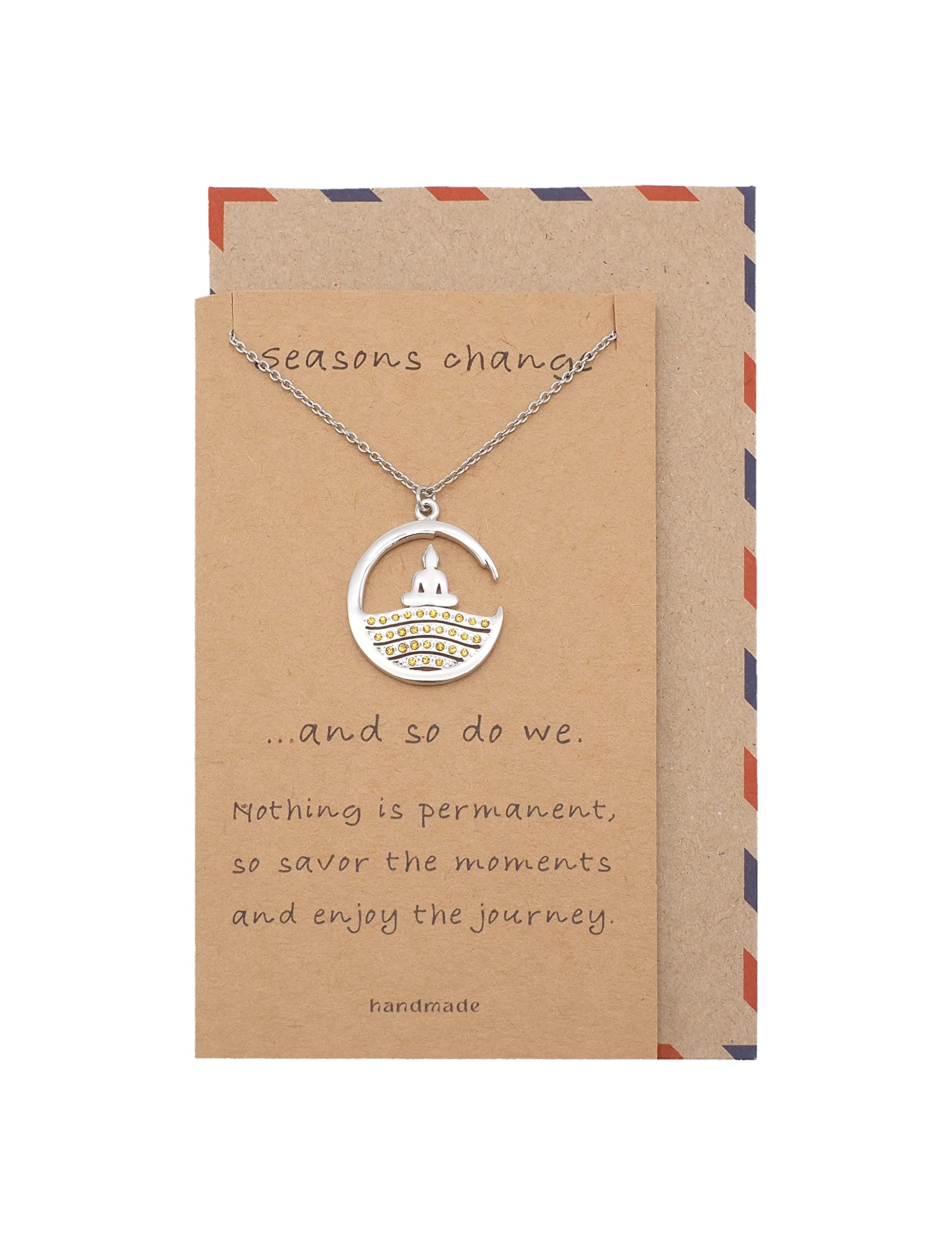Anicca Buddha Orange Crystals Pendant Necklace Inspirational Quotes Jewelry Greeting Card