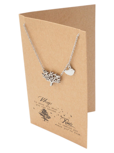 Marj Family Tree Necklace with Bird Charm Pendant and Greeting Card