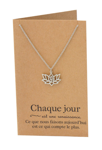 Lotus Flower Om Necklace with French Yoga Quotes