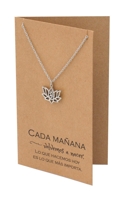 Lotus Flower Om Necklace with Spanish Yoga Quotes