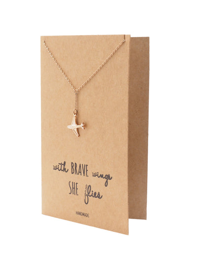 Corrine Brave Lariat Necklace with Airplane Pendant for Women, with Inspirational Quote, Rhodium Plated Jewelry