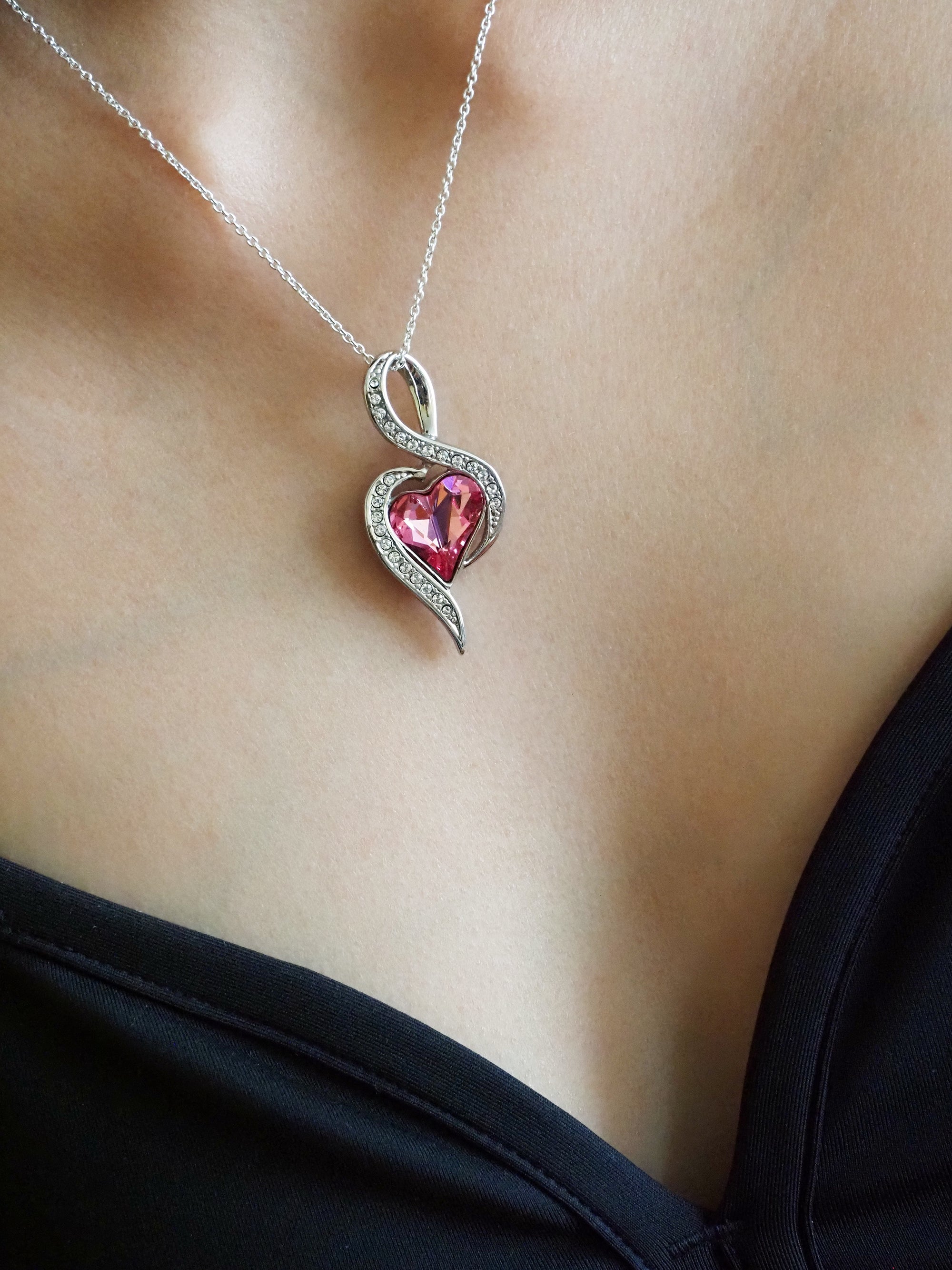 Touchstone Crystal by Swarovski Pink Crystal Heart Rhodium Plated Necklace
