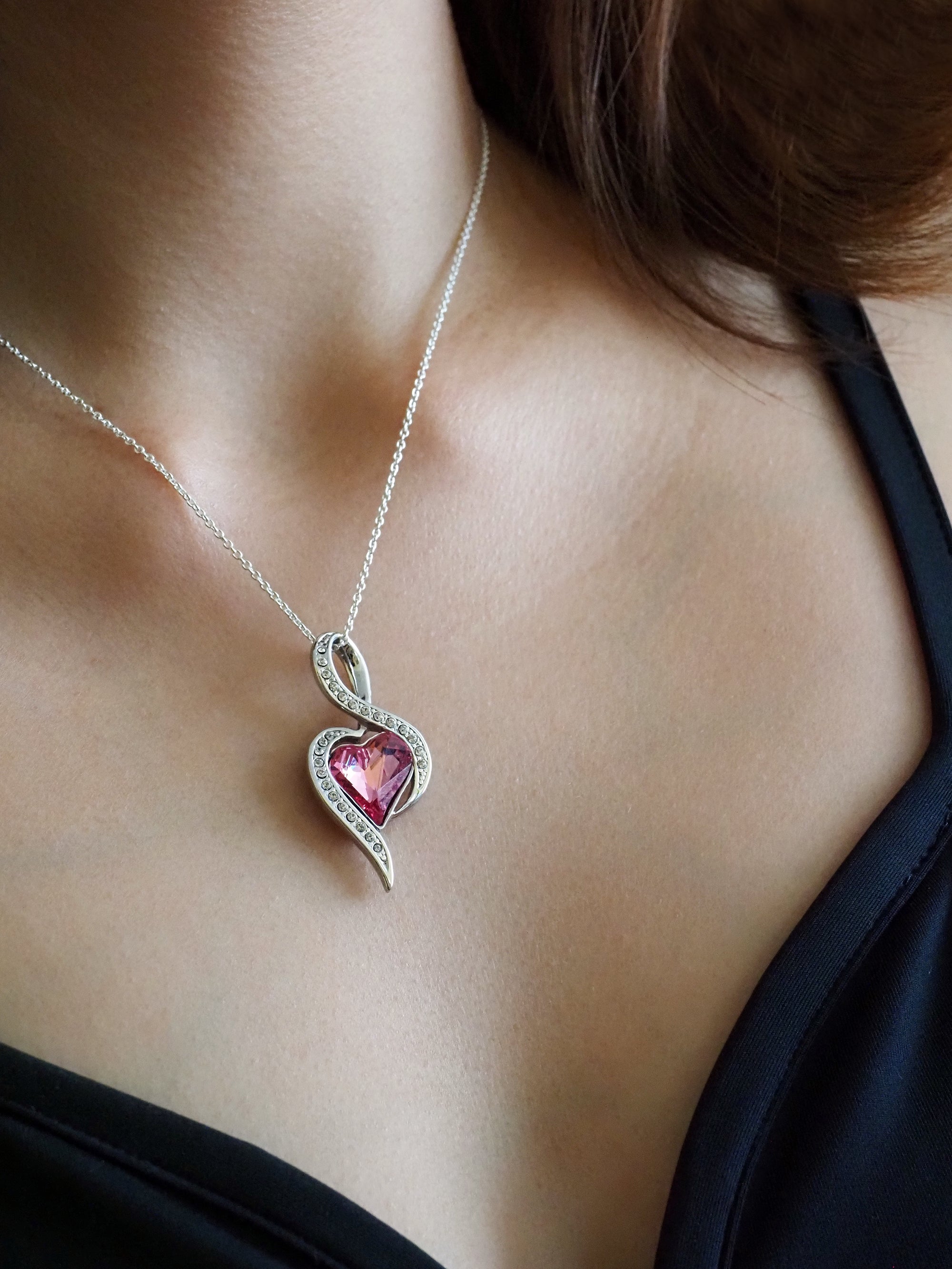 Silver Pink Crystal Heart Pendant Necklace | Classy Women Collection