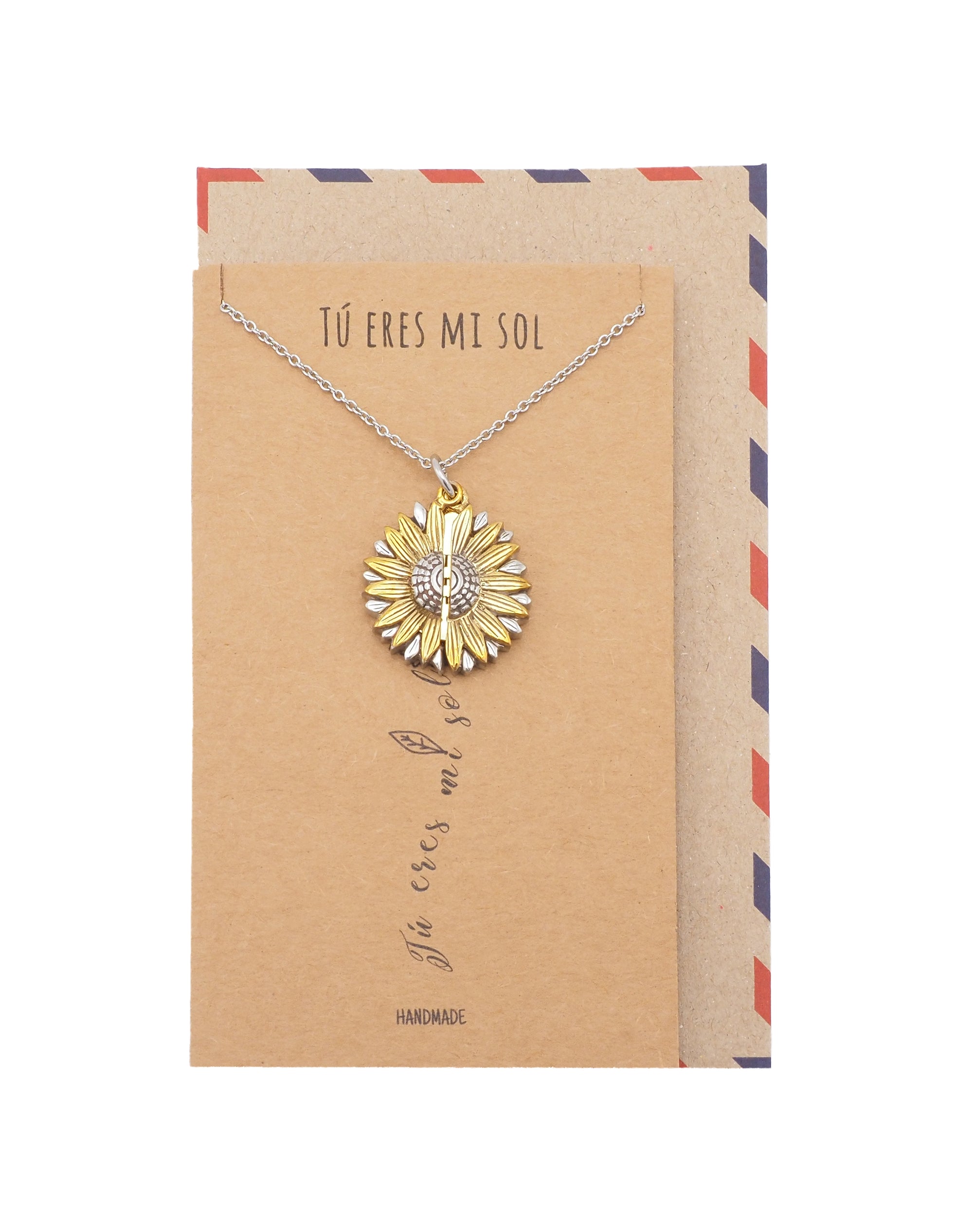 Adalee Tú Eres Mi Sol Necklace, Sunflower Locket Pendant, Spanish Engraved Gifts Jewelry Greeting Cards