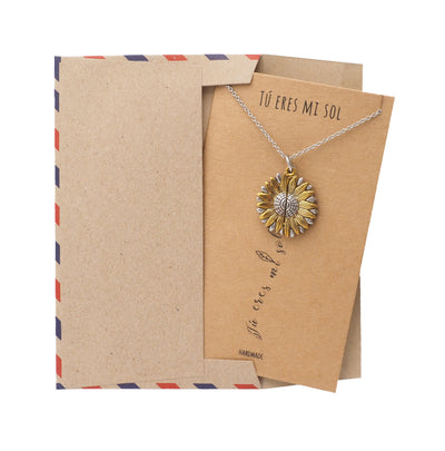 Adalee Tú Eres Mi Sol Necklace, Sunflower Locket Pendant, Spanish Engraved Gifts Jewelry Greeting Cards
