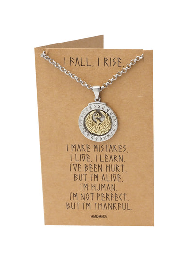 Fanny Phoenix on Plate Pendant Women Necklace, Bird Charm with Motivational Quote Card