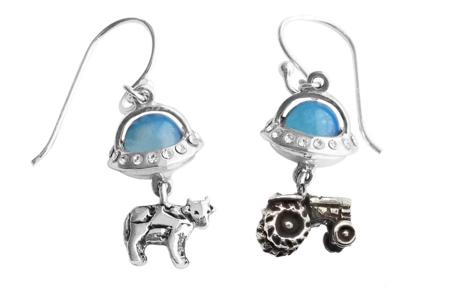 Catherine Wolfe Bruce UFO with Cow and Tractor Hook Earrings with Handmade Inspirational Greeting Card
