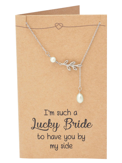 Trina Bridesmaid Gifts Leaf Pearl Pendant Lariat Necklace