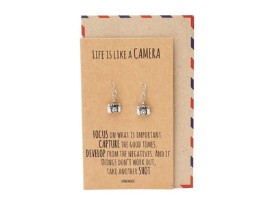 Sheena Mini Camera Engraved Earrings for Women