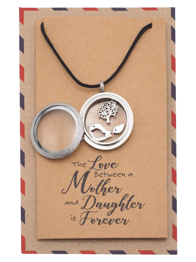 Eurika Locket Necklace with Mother Daughter Birds and Tree Charms