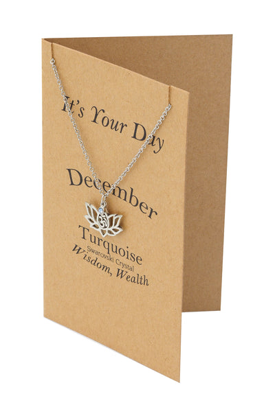 December Birthday Cards Lotus Flower Birthstone Necklace