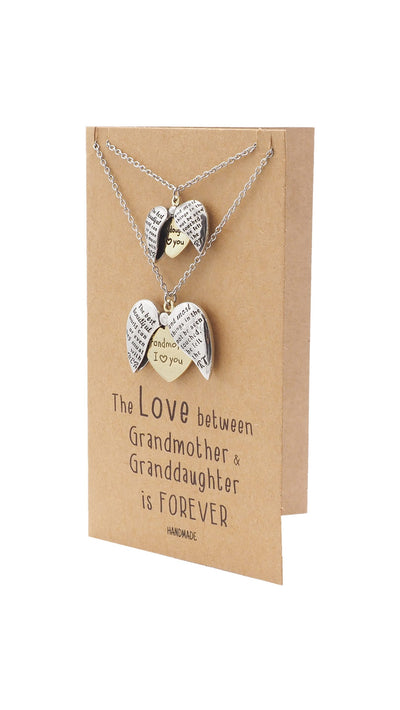 Helen Grandmother Granddaughter Locket Pendant Necklace, Set for 2 with Greeting Card